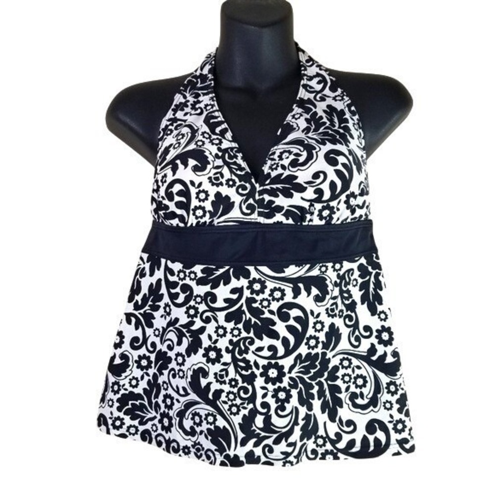 Halter Swim Tankini Top Contrast Paisley Black White Emerald Bay